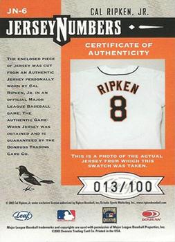 2003 Leaf Limited - Jersey Numbers #JN-6 Cal Ripken Jr. Back