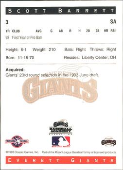 1993 Classic Best Everett Giants #3 Scott Barrett Back