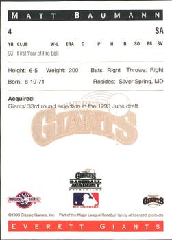 1993 Classic Best Everett Giants #4 Matt Baumann Back