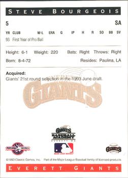 1993 Classic Best Everett Giants #5 Steve Bourgeois Back