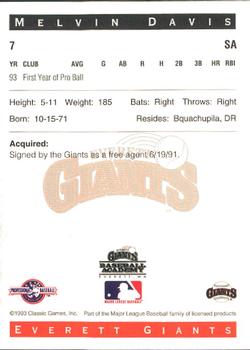1993 Classic Best Everett Giants #7 Melvin Davis Back
