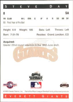 1993 Classic Best Everett Giants #8 Steve Day Back