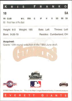 1993 Classic Best Everett Giants #10 Kris Franko Back