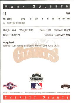 1993 Classic Best Everett Giants #12 Mark Gulseth Back