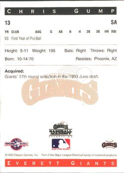 1993 Classic Best Everett Giants #13 Chris Gump Back