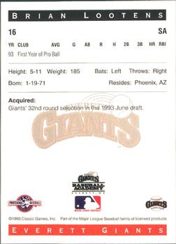 1993 Classic Best Everett Giants #16 Brian Lootens Back