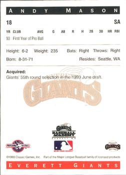 1993 Classic Best Everett Giants #18 Andy Mason Back