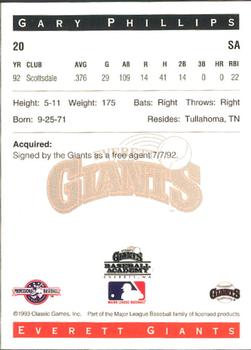 1993 Classic Best Everett Giants #20 Gary Phillips Back