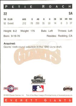 1993 Classic Best Everett Giants #22 Petie Roach Back