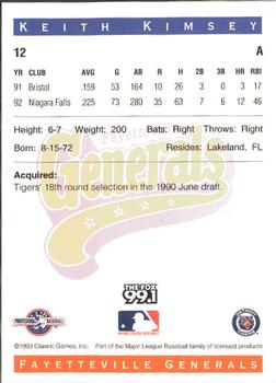 1993 Classic Best Fayetteville Generals #12 Keith Kimsey Back