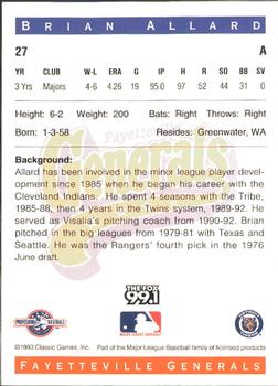 1993 Classic Best Fayetteville Generals #27 Brian Allard Back