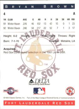 1993 Classic Best Fort Lauderdale Red Sox #4 Bryan Brown Back