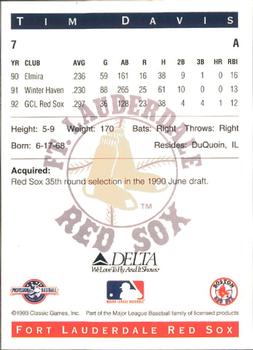 1993 Classic Best Fort Lauderdale Red Sox #7 Tim Davis Back