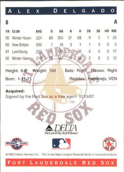 1993 Classic Best Fort Lauderdale Red Sox #8 Alex Delgado Back