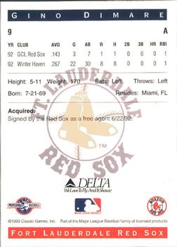 1993 Classic Best Fort Lauderdale Red Sox #9 Gino DiMare Back