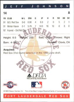 1993 Classic Best Fort Lauderdale Red Sox #14 Jeff Johnson Back