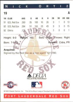 1993 Classic Best Fort Lauderdale Red Sox #19 Nick Ortiz Back