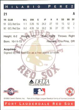 1993 Classic Best Fort Lauderdale Red Sox #21 Hilario Perez Back