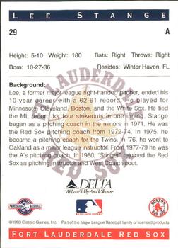 1993 Classic Best Fort Lauderdale Red Sox #29 Lee Stange Back