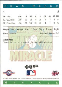 1993 Classic Best Fort Myers Miracle #1 Chad Roper Back