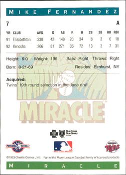 1993 Classic Best Fort Myers Miracle #7 Mike Fernandez Back