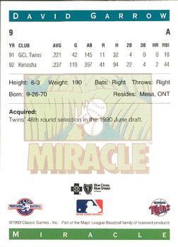 1993 Classic Best Fort Myers Miracle #9 David Garrow Back