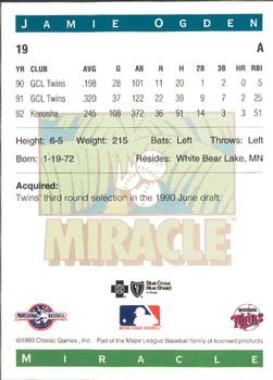 1993 Classic Best Fort Myers Miracle #19 Jamie Ogden Back
