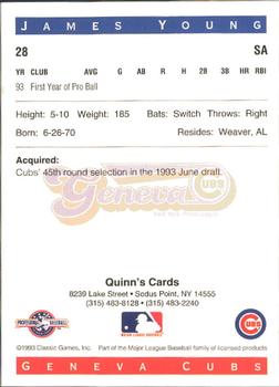 1993 Classic Best Geneva Cubs #28 James Young Back