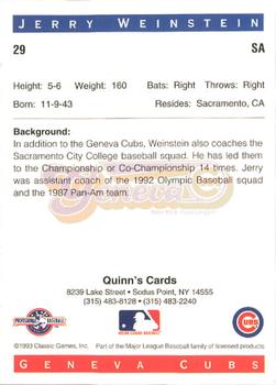 1993 Classic Best Geneva Cubs #29 Jerry Weinstein Back