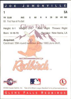 1993 Classic Best Glens Falls Redbirds #1 Joe Jumonville Back