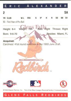 1993 Classic Best Glens Falls Redbirds #2 Eric Alexander Back
