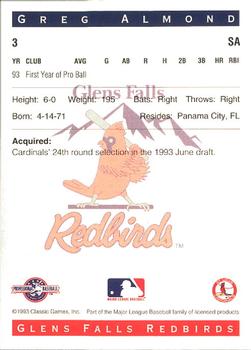 1993 Classic Best Glens Falls Redbirds #3 Greg Almond Back