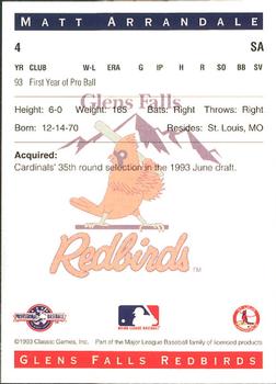 1993 Classic Best Glens Falls Redbirds #4 Matt Arrandale Back