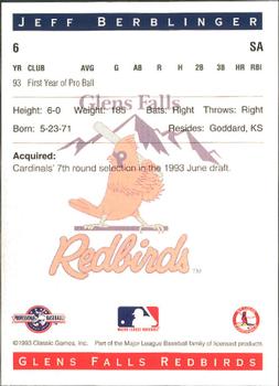 1993 Classic Best Glens Falls Redbirds #6 Jeff Berblinger Back