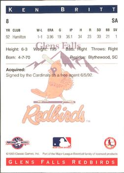 1993 Classic Best Glens Falls Redbirds #8 Ken Britt Back