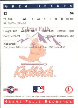 1993 Classic Best Glens Falls Redbirds #12 Greg Deares Back