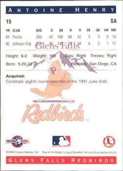 1993 Classic Best Glens Falls Redbirds #15 Antoine Henry Back