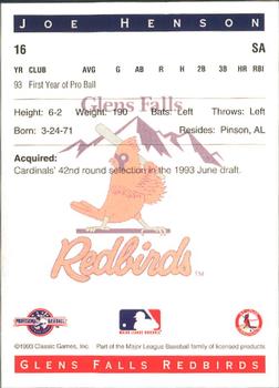 1993 Classic Best Glens Falls Redbirds #16 Joe Henson Back