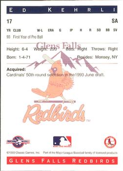 1993 Classic Best Glens Falls Redbirds #17 Ed Kehrli Back