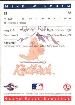 1993 Classic Best Glens Falls Redbirds #29 Mike Windham Back
