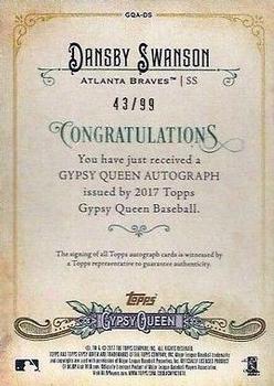 2017 Topps Gypsy Queen - Gypsy Queen Autographs Black and White #GQA-DS Dansby Swanson Back