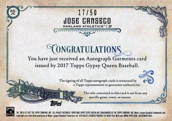 2017 Topps Gypsy Queen - Autograph Garments #AG-JC Jose Canseco Back