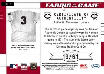 2003 Leaf Certified Materials - Fabric of the Game Debut Year #FG-7 Harmon Killebrew Back