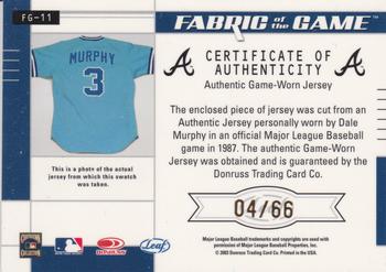 2003 Leaf Certified Materials - Fabric of the Game Debut Year #FG-11 Dale Murphy Back