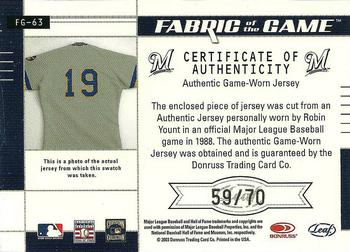 2003 Leaf Certified Materials - Fabric of the Game Debut Year #FG-63 Robin Yount Back