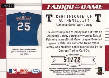 2003 Leaf Certified Materials - Fabric of the Game Debut Year #FG-94 Rafael Palmeiro Back