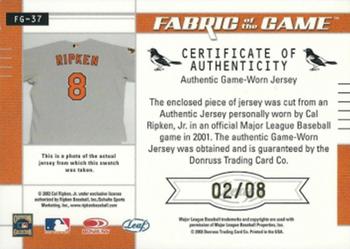 2003 Leaf Certified Materials - Fabric of the Game Jersey Number #FG-37 Cal Ripken Jr. Back