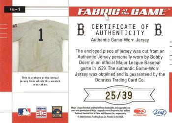 2003 Leaf Certified Materials - Fabric of the Game Jersey Year #FG-1 Bobby Doerr Back