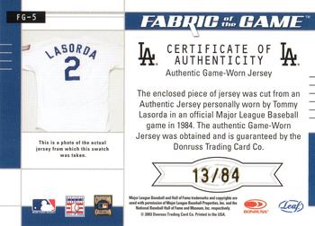 2003 Leaf Certified Materials - Fabric of the Game Jersey Year #FG-5 Tommy Lasorda Back
