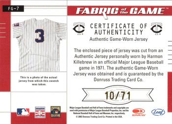 2003 Leaf Certified Materials - Fabric of the Game Jersey Year #FG-7 Harmon Killebrew Back